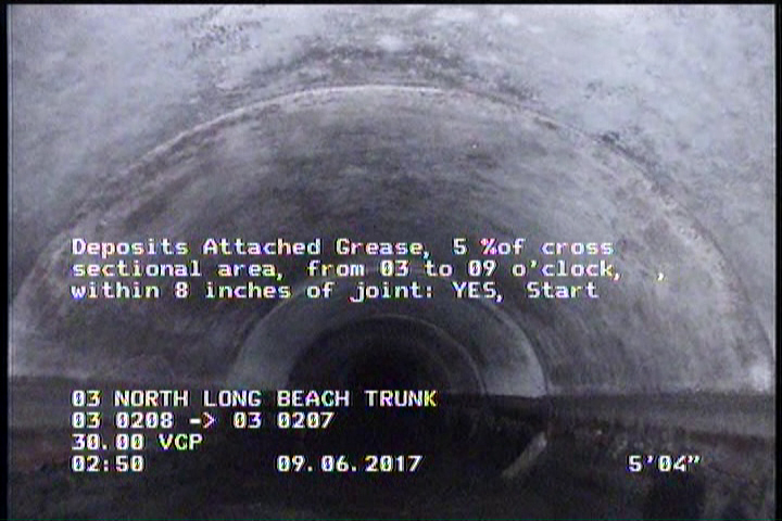 Deposits Attached Grease, 5 %of cross sectional area, from 03 to 09 o'clock, , within 8 inches of joint: YES, Start