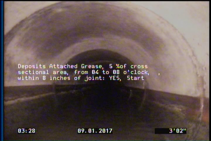 Deposits Attached Grease, 5 %of cross sectional area, from 04 to 08 o'clock, , within 8 inches of joint: YES, Start