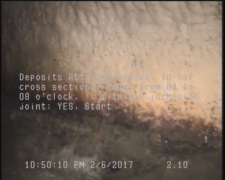 Deposits Attached Grease, 10 %of cross sectional area, from 04 to 08 o'clock, , within 8 inches of joint: YES, Start