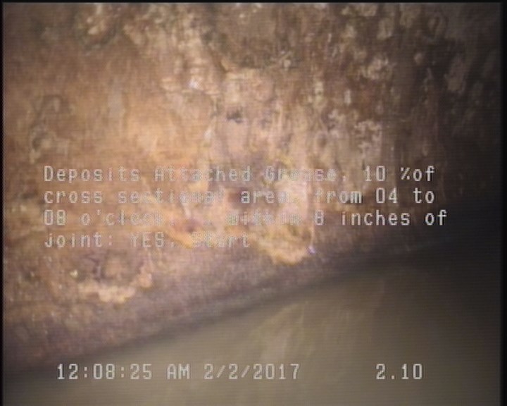 Deposits Attached Grease, 10 %of cross sectional area, from 04 to 08 o'clock, , within 8 inches of joint: YES, Start