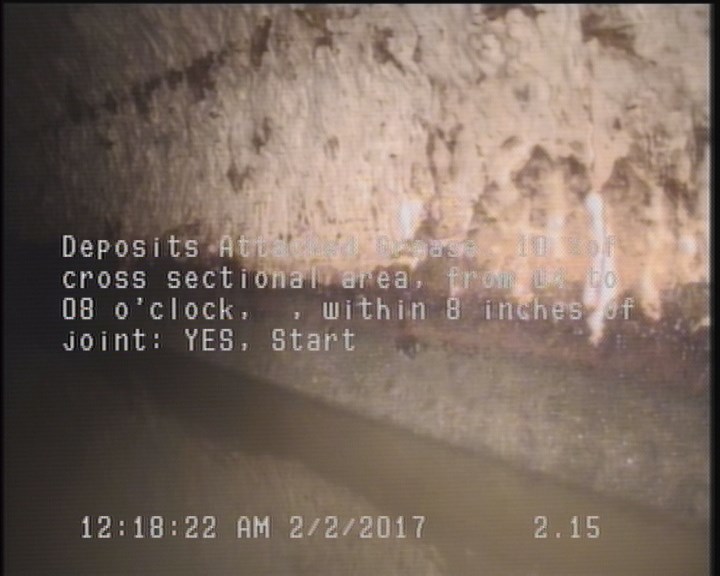 Deposits Attached Grease, 10 %of cross sectional area, from 04 to 08 o'clock, , within 8 inches of joint: YES, Start