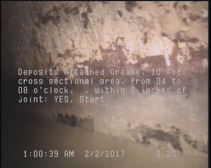 Deposits Attached Grease, 10 %of cross sectional area, from 04 to 08 o'clock, , within 8 inches of joint: YES, Start