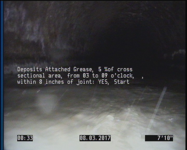 Deposits Attached Grease, 5 %of cross sectional area, from 03 to 09 o'clock, , within 8 inches of joint: YES, Start