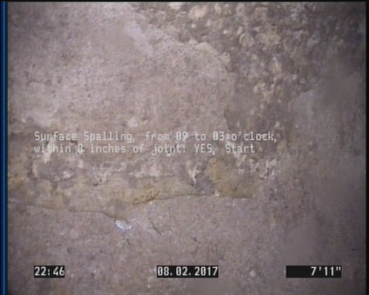 Surface Spalling, from 09 to 03 o'clock, within 8 inches of joint: YES, Start