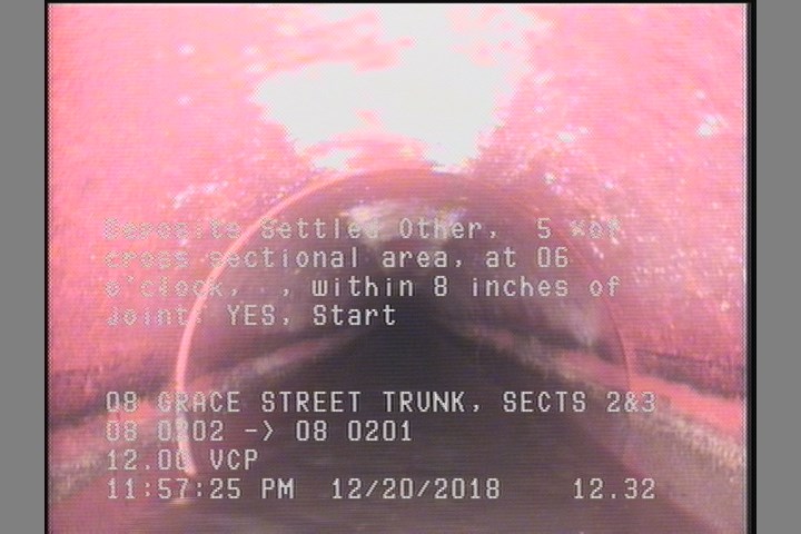 Deposits Settled Other, 5 %of cross sectional area, at 06 o'clock, , within 8 inches of joint: YES, Start