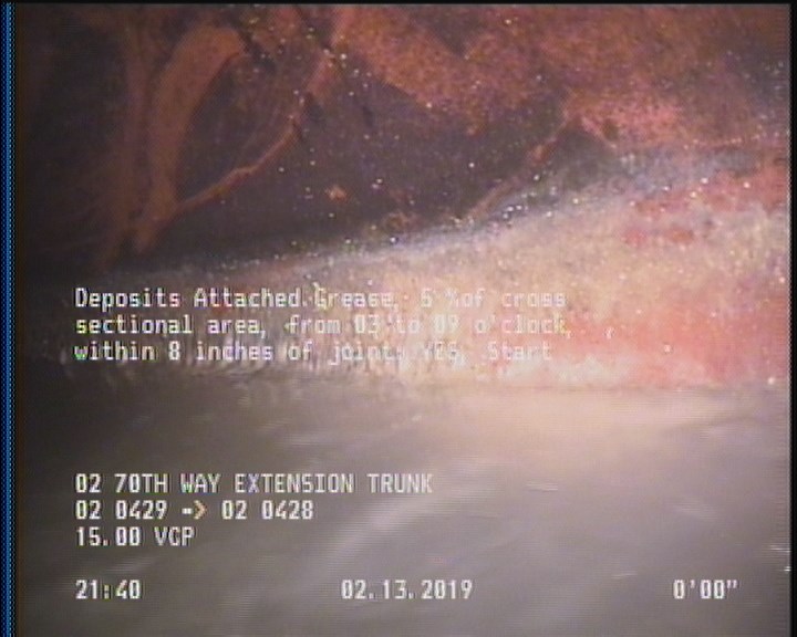 Deposits Attached Grease, 5 %of cross sectional area, from 03 to 09 o'clock, , within 8 inches of joint: YES, Start