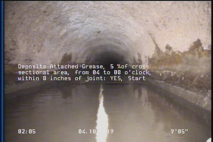 Deposits Attached Grease, 5 %of cross sectional area, from 04 to 08 o'clock, , within 8 inches of joint: YES, Start