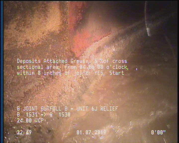 Deposits Attached Grease, 5 %of cross sectional area, from 04 to 08 o'clock, , within 8 inches of joint: YES