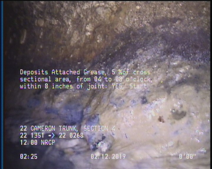 Deposits Attached Grease, 5 %of cross sectional area, from 04 to 08 o'clock, , within 8 inches of joint: YES, Start