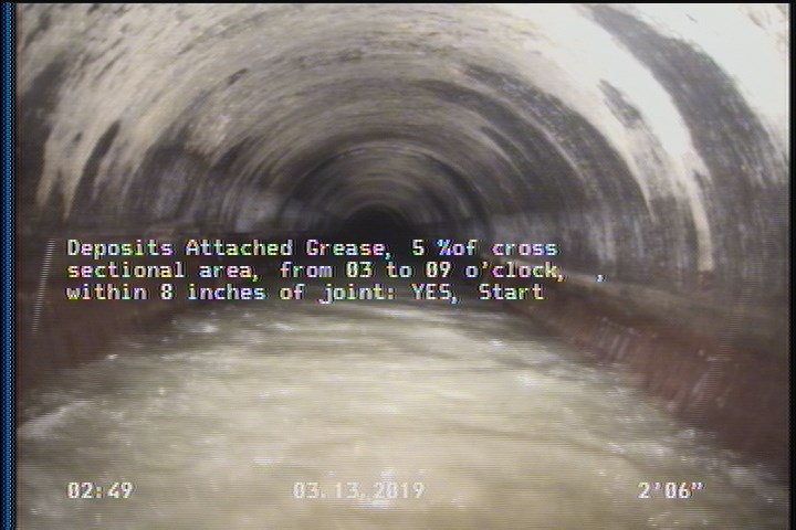 Deposits Attached Grease, 5 %of cross sectional area, from 03 to 09 o'clock, , within 8 inches of joint: YES, Start