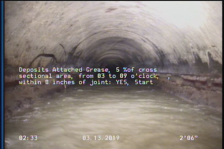 Deposits Attached Grease, 5 %of cross sectional area, from 03 to 09 o'clock, , within 8 inches of joint: YES, Start