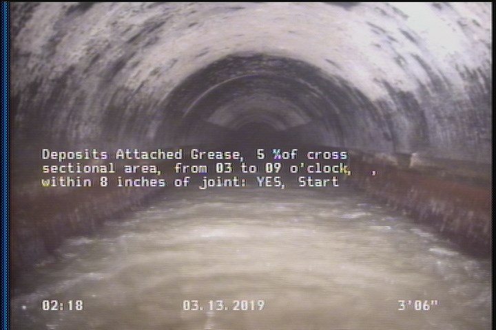 Deposits Attached Grease, 5 %of cross sectional area, from 03 to 09 o'clock, , within 8 inches of joint: YES, Start