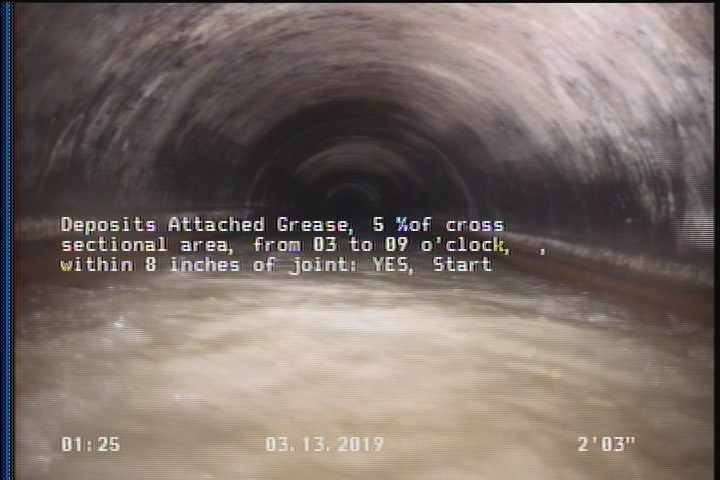 Deposits Attached Grease, 5 %of cross sectional area, from 03 to 09 o'clock, , within 8 inches of joint: YES, Start