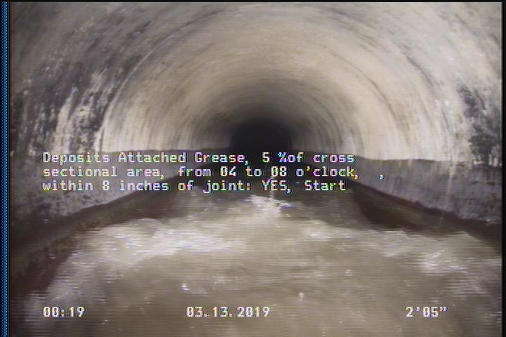 Deposits Attached Grease, 5 %of cross sectional area, from 04 to 08 o'clock, , within 8 inches of joint: YES, Start