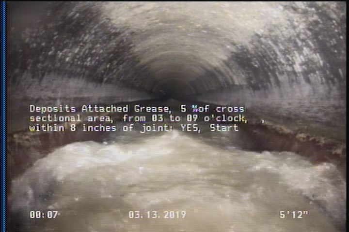 Deposits Attached Grease, 5 %of cross sectional area, from 03 to 09 o'clock, , within 8 inches of joint: YES, Start