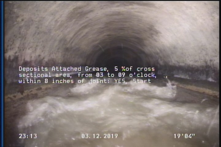 Deposits Attached Grease, 5 %of cross sectional area, from 03 to 09 o'clock, , within 8 inches of joint: YES, Start