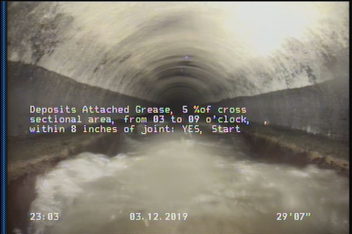 Deposits Attached Grease, 5 %of cross sectional area, from 03 to 09 o'clock, , within 8 inches of joint: YES, Start