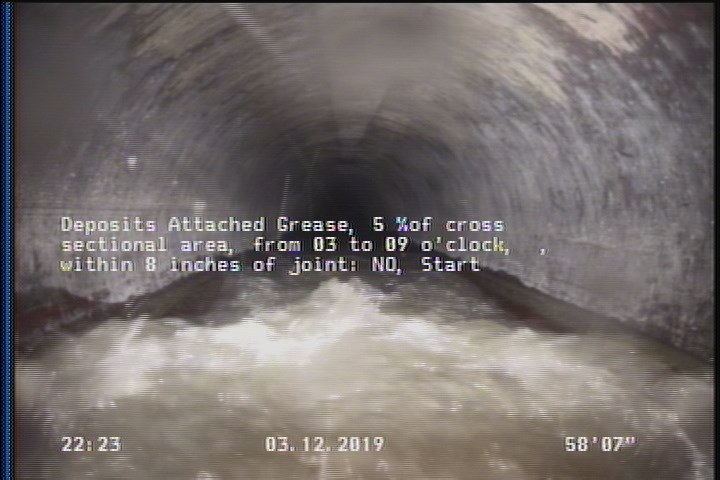 Deposits Attached Grease, 5 %of cross sectional area, from 03 to 09 o'clock, , within 8 inches of joint: NO, Start