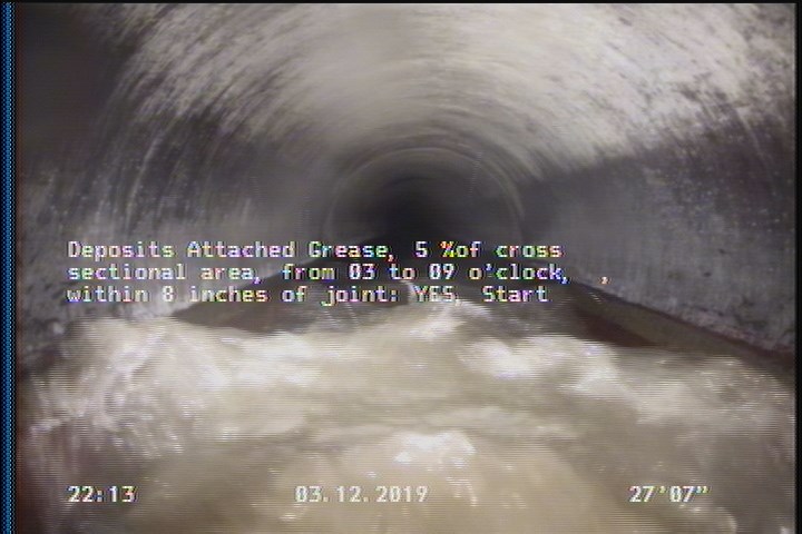 Deposits Attached Grease, 5 %of cross sectional area, from 03 to 09 o'clock, , within 8 inches of joint: YES, Start