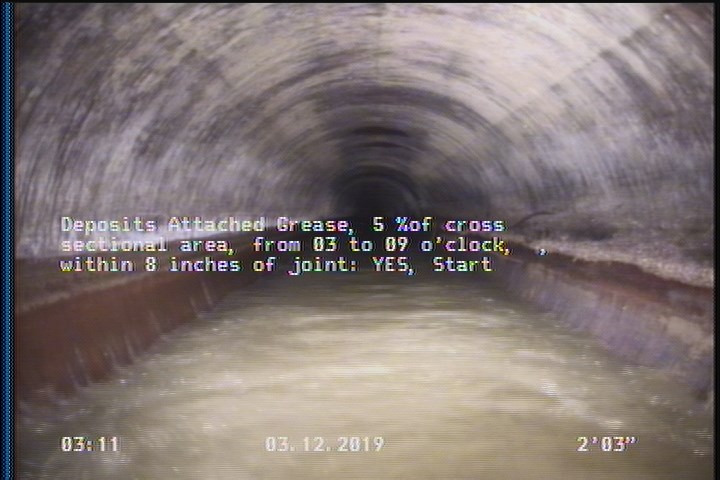 Deposits Attached Grease, 5 %of cross sectional area, from 03 to 09 o'clock, , within 8 inches of joint: YES, Start