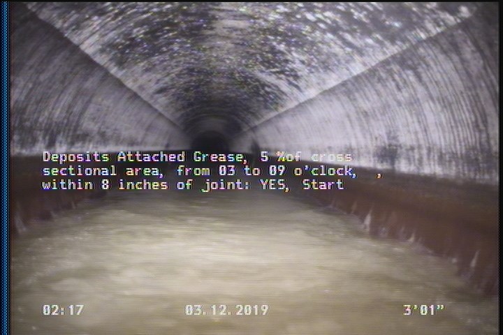 Deposits Attached Grease, 5 %of cross sectional area, from 03 to 09 o'clock, , within 8 inches of joint: YES, Start