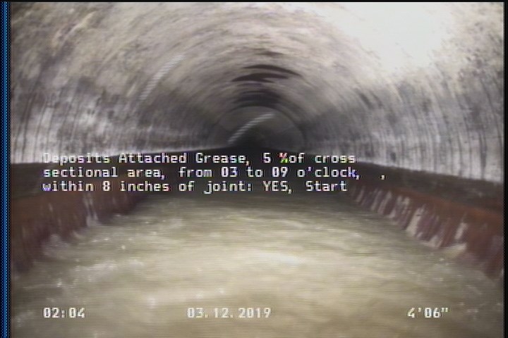 Deposits Attached Grease, 5 %of cross sectional area, from 03 to 09 o'clock, , within 8 inches of joint: YES, Start