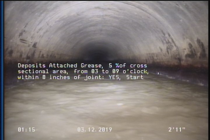 Deposits Attached Grease, 5 %of cross sectional area, from 03 to 09 o'clock, , within 8 inches of joint: YES, Start
