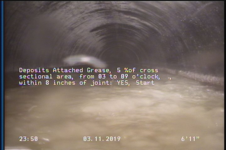 Deposits Attached Grease, 5 %of cross sectional area, from 03 to 09 o'clock, , within 8 inches of joint: YES, Start