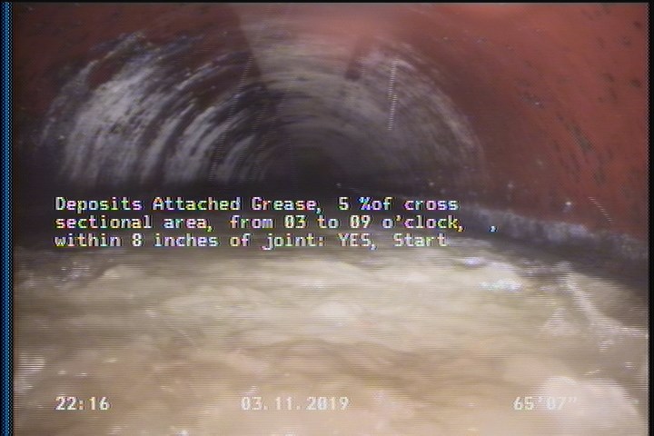 Deposits Attached Grease, 5 %of cross sectional area, from 03 to 09 o'clock, , within 8 inches of joint: YES, Start