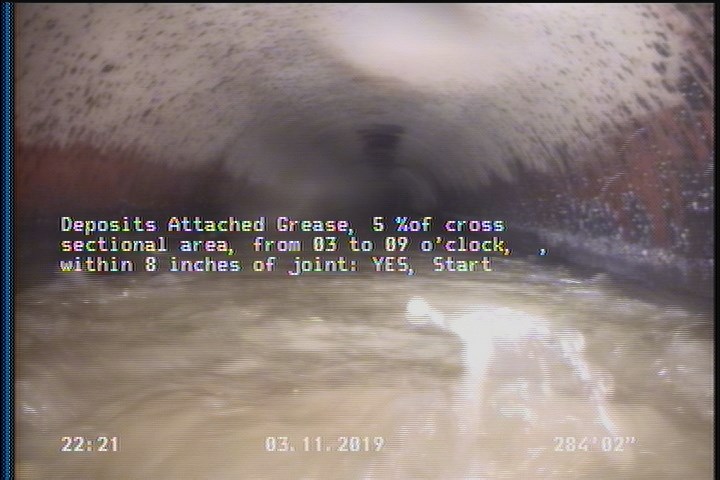 Deposits Attached Grease, 5 %of cross sectional area, from 03 to 09 o'clock, , within 8 inches of joint: YES, Start