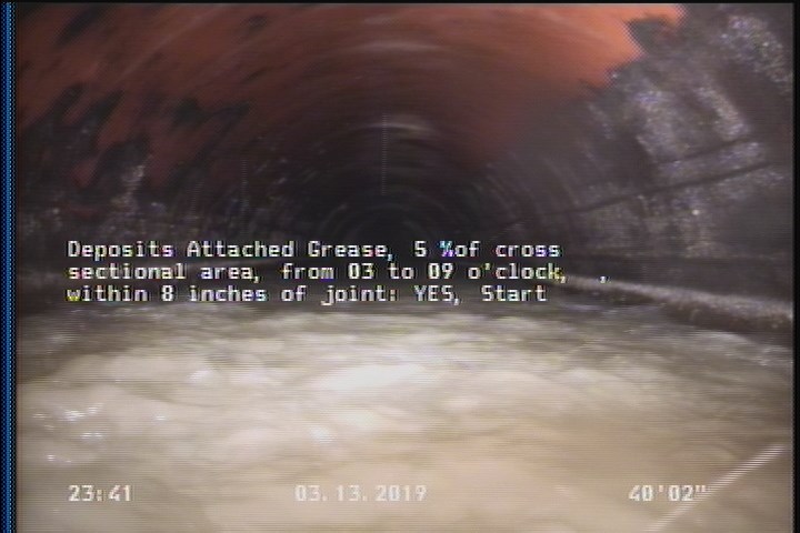 Deposits Attached Grease, 5 %of cross sectional area, from 03 to 09 o'clock, , within 8 inches of joint: YES, Start