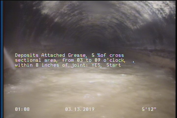 Deposits Attached Grease, 5 %of cross sectional area, from 03 to 09 o'clock, , within 8 inches of joint: YES, Start