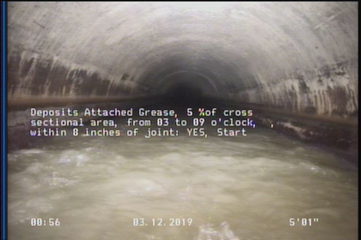 Deposits Attached Grease, 5 %of cross sectional area, from 03 to 09 o'clock, , within 8 inches of joint: YES, Start