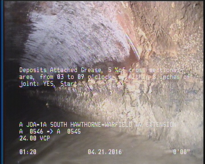 Deposits Attached Grease, 5 %of cross sectional area, from 03 to 09 o'clock, , within 8 inches of joint: YES, Start