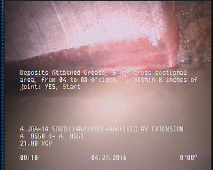 Deposits Attached Grease, 5 %of cross sectional area, from 04 to 08 o'clock, , within 8 inches of joint: YES, Start