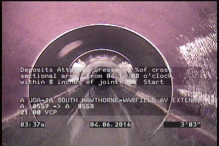 Deposits Attached Grease, 5 %of cross sectional area, from 04 to 08 o'clock, , within 8 inches of joint: NO, Start