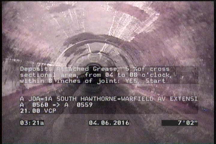 Deposits Attached Grease, 5 %of cross sectional area, from 04 to 08 o'clock, , within 8 inches of joint: YES, Start