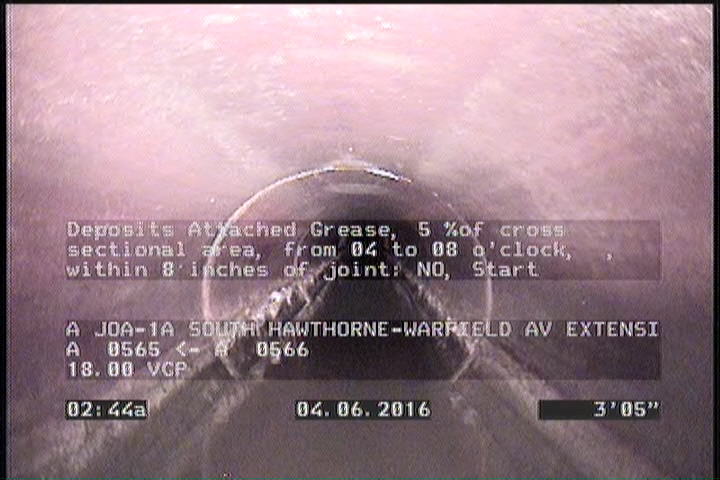 Deposits Attached Grease, 5 %of cross sectional area, from 04 to 08 o'clock, , within 8 inches of joint: NO, Start