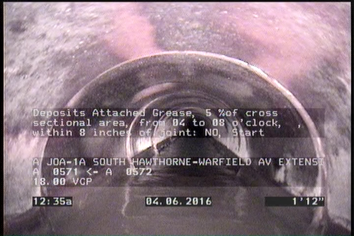 Deposits Attached Grease, 5 %of cross sectional area, from 04 to 08 o'clock, , within 8 inches of joint: NO, Start