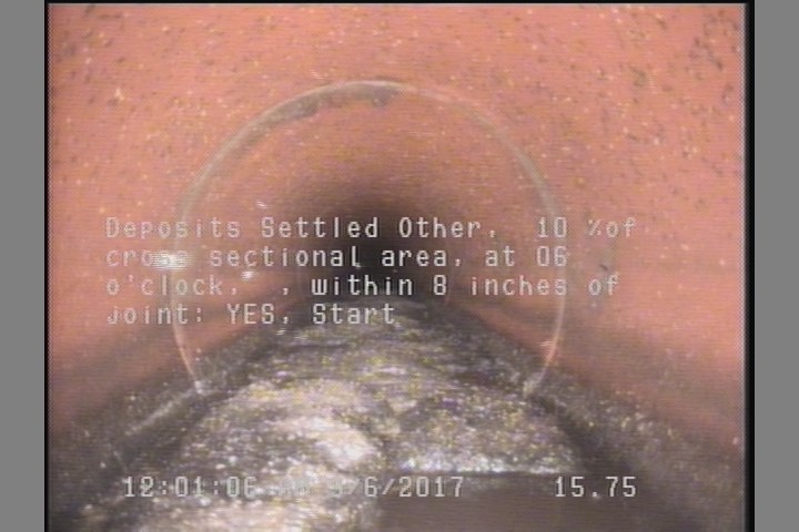 Deposits Settled Other, 10 %of cross sectional area, at 06 o'clock, , within 8 inches of joint: YES, Start