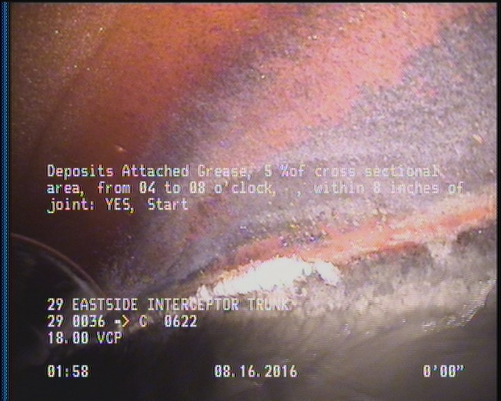 Deposits Attached Grease, 5 %of cross sectional area, from 04 to 08 o'clock, , within 8 inches of joint: YES, Start