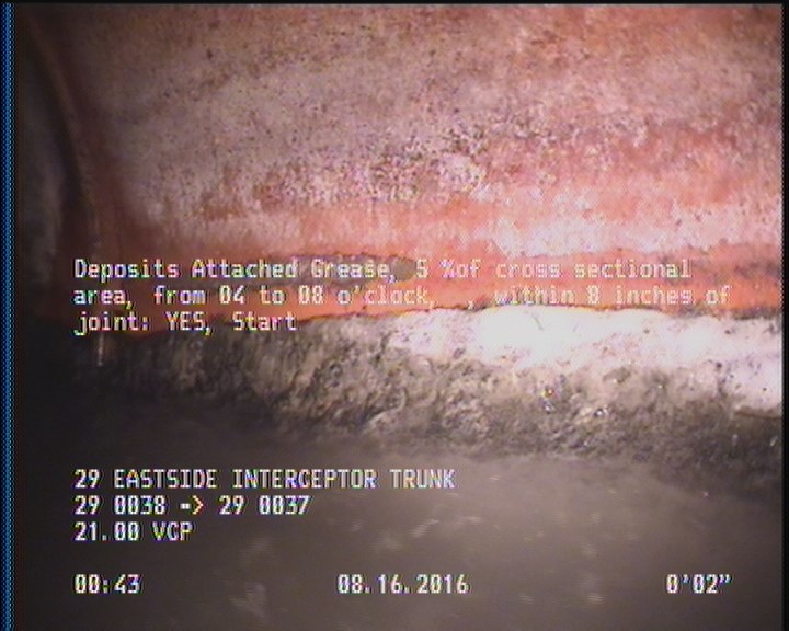Deposits Attached Grease, 5 %of cross sectional area, from 04 to 08 o'clock, , within 8 inches of joint: YES, Start