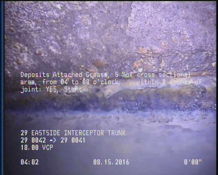 Deposits Attached Grease, 5 %of cross sectional area, from 04 to 08 o'clock, , within 8 inches of joint: YES, Start