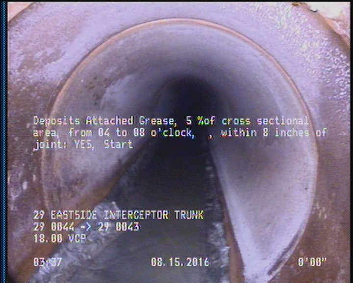 Deposits Attached Grease, 5 %of cross sectional area, from 04 to 08 o'clock, , within 8 inches of joint: YES, Start