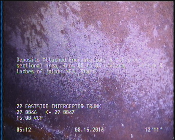 Deposits Attached Encrustation, 5 %of cross sectional area, from 08 to 04 o'clock, , within 8 inches of joint: YES, Start