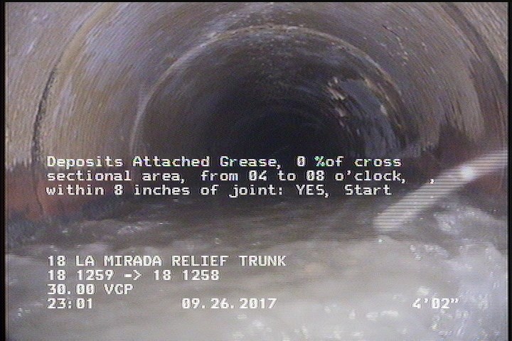 Deposits Attached Grease, 0 %of cross sectional area, from 04 to 08 o'clock, , within 8 inches of joint: YES, Start