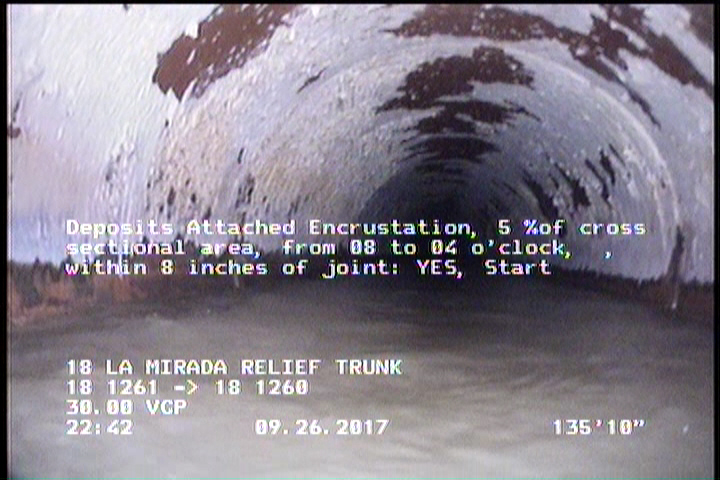 Deposits Attached Encrustation, 5 %of cross sectional area, from 08 to 04 o'clock, , within 8 inches of joint: YES, Start