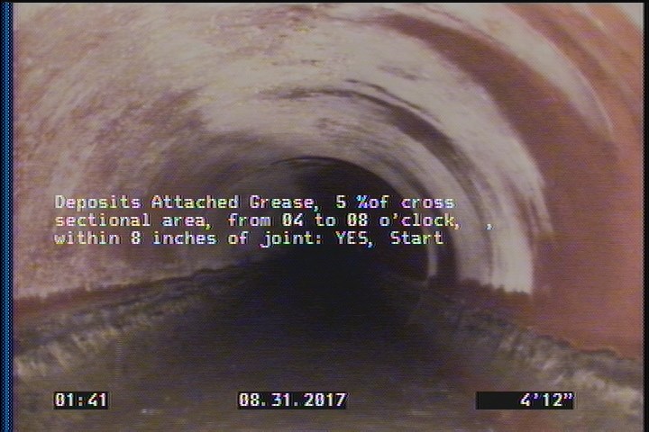 Deposits Attached Grease, 5 %of cross sectional area, from 04 to 08 o'clock, , within 8 inches of joint: YES, Start