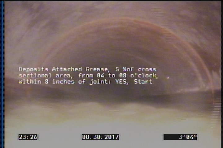 Deposits Attached Grease, 5 %of cross sectional area, from 04 to 08 o'clock, , within 8 inches of joint: YES, Start