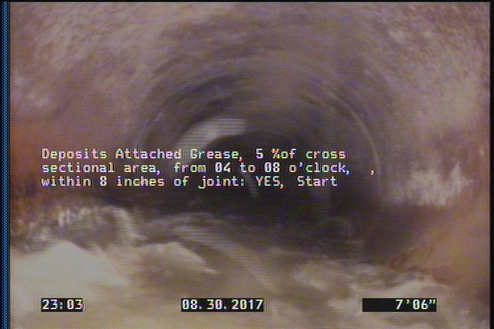 Deposits Attached Grease, 5 %of cross sectional area, from 04 to 08 o'clock, , within 8 inches of joint: YES, Start